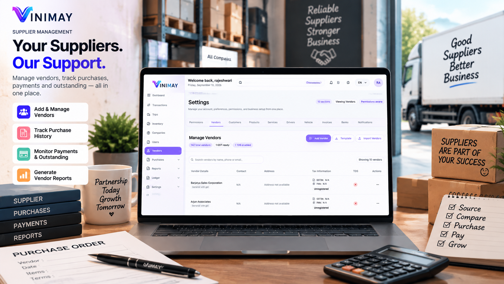 Vinimay vendor management screen showing vendor database, purchases, outstanding and payments