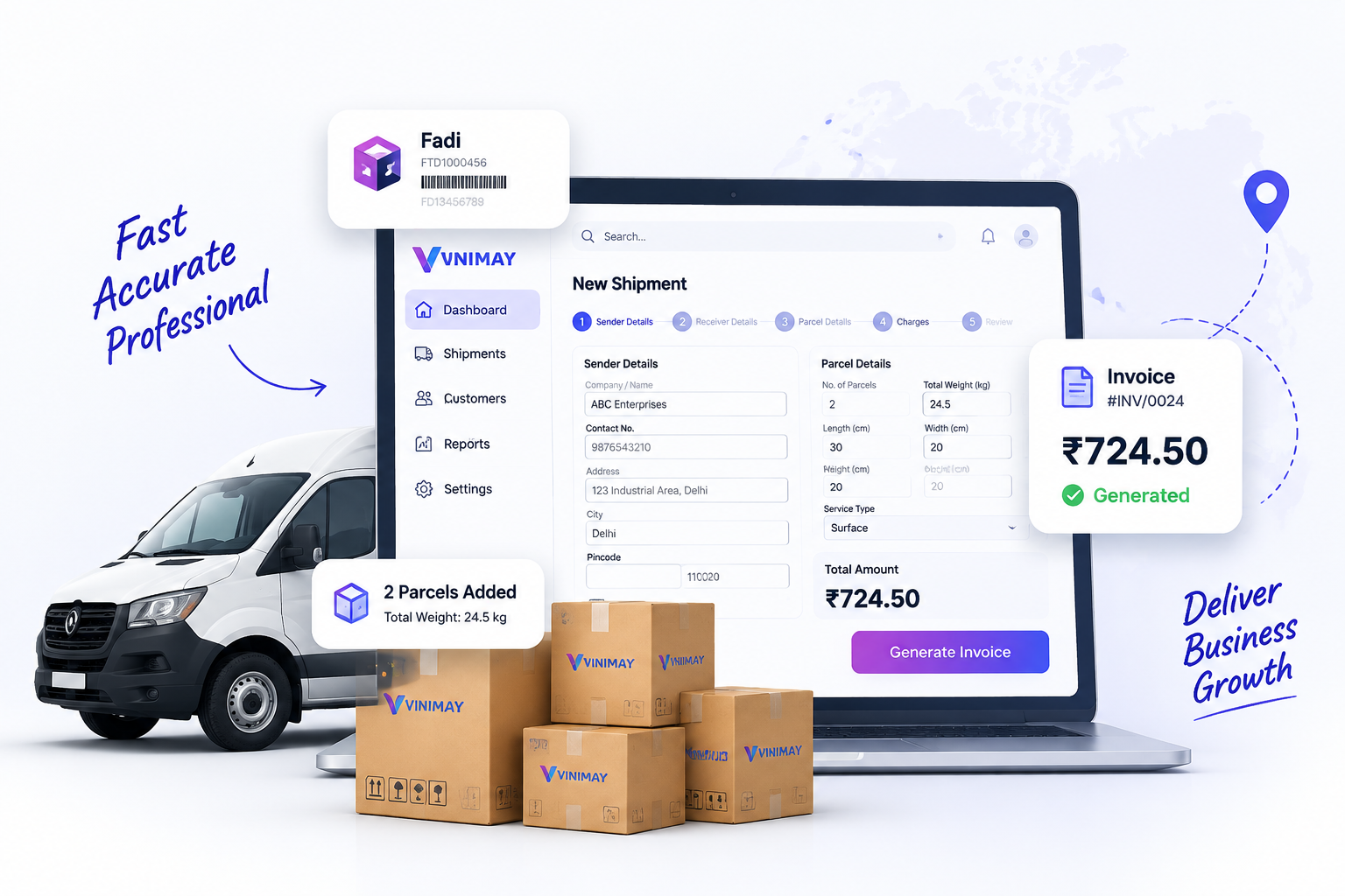 Vinimay courier dashboard with delivery van and parcels