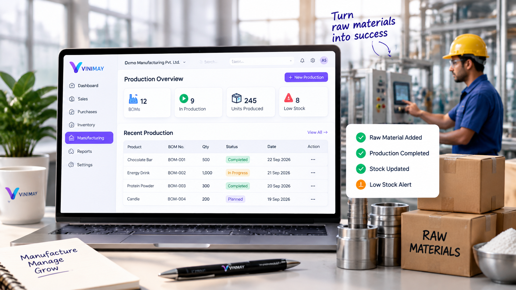 Vinimay manufacturing dashboard preview